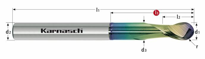 Karnasch VHM-3D-Radiusfrees lang HSC/HPC Ø3,0/r=1,5/l3= 18mm/ NHC-7000 coating Art: 306217030018