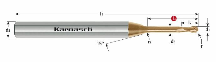 Karnasch VHM-Micro-3D Radiusfrees HHC/HSC/HPC Ø1,0 / r=0,50 / L3=15,0mm/ HXC-Nano³-coating Art: 306264010015