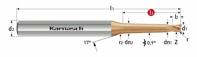 Karnasch VHM-frees konisch HRC/HSC/HHC Ø2,0 / r=0,20 / L3= 20 / 0,9° / Z=4 HXC-Nano³-coating Art: 306268020002020