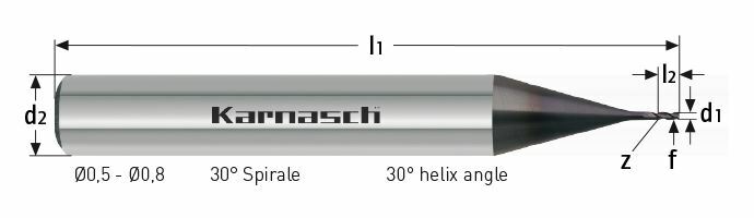 Karnasch VHM-Miniplus frees lang HSC Ø1,0 / Z=3 UFX-1 Nano-coating, VPE= 10 stuks, Art: 3062960100