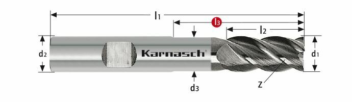 Karnasch VHM-frees lang HSC/HPC Ø20,0/Z=4 UFX-1 Nano-coating met weldonopname Art: 3063412000