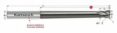 Karnasch VHM-hoekradiusfrees konisch, 4-snijder, extra lang, Rockwell cutter, UFX-3-coating