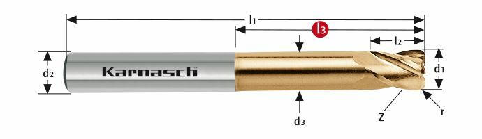 Karnasch VHM-hoekradiusfrees kort RockwellCutter / HSC HHC Ø10,0 / r= 0,5 / L3= 32mm/ HXC-Nano³-coating Art: 306436100005