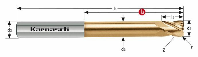 Karnasch VHM-hoekradiusfrees extra lang RockwellCutter / HSC HHC Ø8,0 / r= 1,0 / L3= 55mm/ HXC-Nano³-coating Art: 306437080010