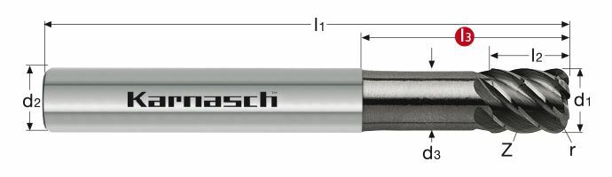 Karnasch VHM-hoekradiusfrees kort Superfinish, RockwellCutter / HSC/HHC Ø8,0 / r= 0,5 / L3=27 mm UFX-3-coating, Art: 306439080005