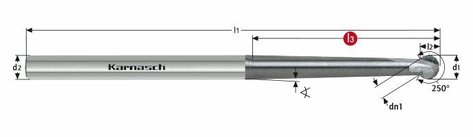 Karnasch VHM-3D-Radiusfrees extra lang met kogelkop 250° , HHC / HSC Ø3,0 / r= 1,5 / L3= 30 mm UFX-3-coating, Art: 3064850300