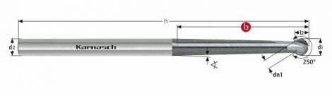Karnasch VHM-Radiusfrees met kogelkop 250°, 2-snijder, extra lang, UFX-3-coating