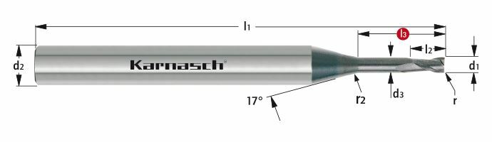 Karnasch VHM-Micro frees met hoekradius Ø0,5 / r=0,05 / L3= 5,0 / Z=2, DCC 0318 Diamant-coating, Graphit/Zirkonium Art: 306544005000505