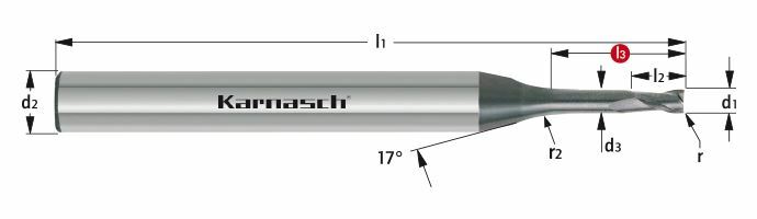 Karnasch VHM-Micro frees met hoekradius Ø1,00 / r= 0,20 / d2= 4 / L3= 5,0 mm, DCC 0318 Diamant-coating, Graphit/Zirkonium Art: 3065450100020050