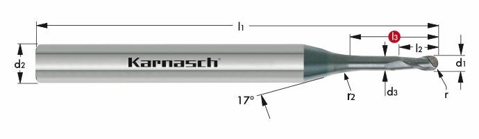 Karnasch VHM-Micro-3D-Radiusfrees Ø2,0 / r= 1,00 / L3= 15,0 mm Z= 2, DCC 0318 Diamant-coating, Graphit/Zirkonium Art: 306551020015