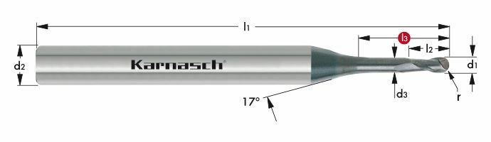 Karnasch VHM-Micro-3D-Radiusfrees Ø1,0 / r= 0,50 / l3= 18 / d2= 4 / Z= 2, DCC 0318 Diamant-coating, Zirkoniumoxyde - Graphit Art: 30655201001804