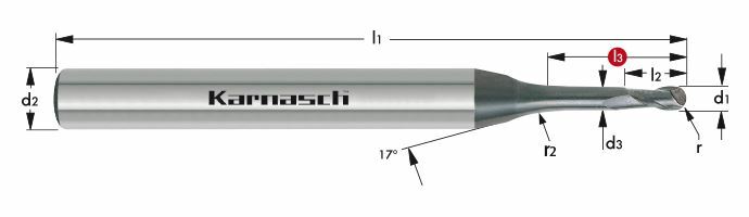 Karnasch VHM-Micro-3D-Radiusfrees Ø2,00 / r= 1,00 / L3= 12,0 / d2= 4 / Z= 2, DCC 0318 Diamant-coating, Graphit/Zirkonium Art: 3065530200120