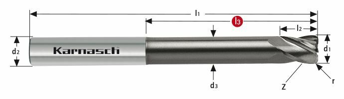 Karnasch VHM-hoekradiusfrees Ø12,0 / L3= 60 / r= 1,0 / Z= 4, DCC 0318 Diamant-coating, Graphit Art: 306560120010060