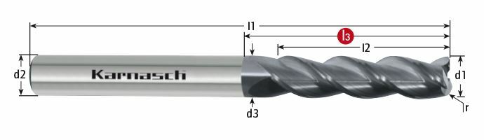 Karnasch VHM-ruwfrees met hoekradius Ø20,0 / r= 1,00 / L2= 110, / Z= 4, DCC 0318 Diamant-coating, Graphit Art: 3065732000100110