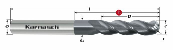 Karnasch VHM-ruwfrees, kogelkop Ø16,0 / r= 8,0 / L2= 75, / Z= 4, DCC 0318 Diamant-coating, Graphit Art: 3065741600075