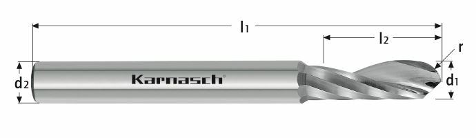 Karnasch VHM 1-snijder met Radius Ø5,0/L2= 15,0/d2= 6/L1= 60 mm rechtse spiraal/rechtssnijdend Art: 291658050015