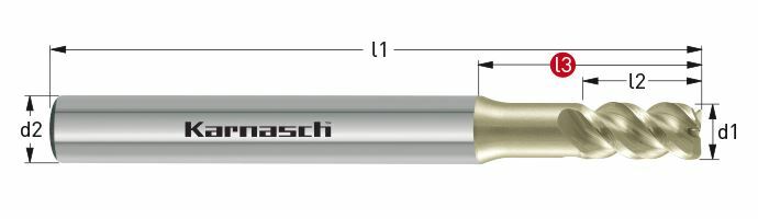 Karnasch VHM-hoekradiusfrees Ø3,0 / r= 0,3 / L2= 6 / L3= 12 Tcx³-coating met cyl. opname, Goldwin voor RVS Art: 307425030003006