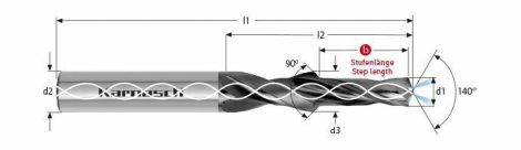 Karnasch VHM-Meerfase-trappenboor 140°/90° met binnenkoeling, cilindrische opname, DVC-X2-coating