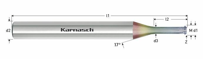 Karnasch VHM-draadfrees LogTop gepolijst HSC M 0,7 / Stg.0.175 / 2,5xD NHC-7000 coating voor binnendraad Art: 231760007