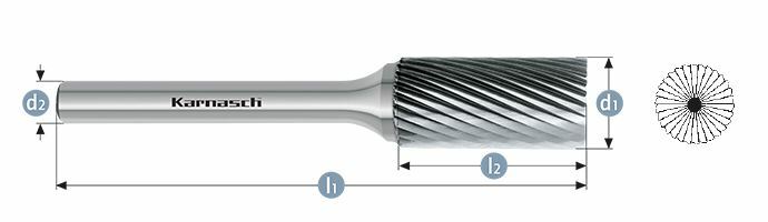 Karnasch HM freesstift ongecoat Type ZYB/ HP-2 d1=3 / l2=14 / d2=3 / l1=38mm Art: 113010015