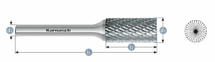Karnasch HM freesstift ongecoat Type ZYB/ HP-3 d1= 12,0 / l2= 25 / d2= 6 / l1= 70mm Art: 113011100 BESTSELLER