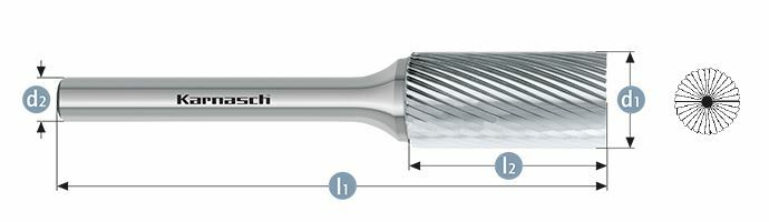 Karnasch HM freesstift ongecoat Type ZYB/ HP-5 d1=4 / l2=12 / d2=6 / l1=50mm Art: 113013040
