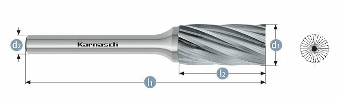 Karnasch HM freesstift ongecoat Type ZYB/ HP-7 d1=8 / l2=20/ d2=6 / l1=65mm Art: 113015075