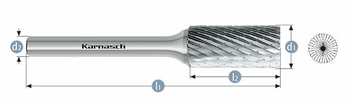 Karnasch HM freesstift ongecoat Type ZYB/ HP-1 d1=10 / l2=20 / d2=6 / l1=65mm Art: 113017085
