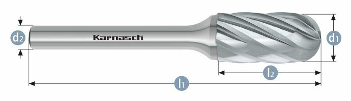 Karnasch HM freesstift ongecoat Type WRC/ HP-7 d1=12 / l2=20/ d2=6 / l1=65mm Art: 113025100