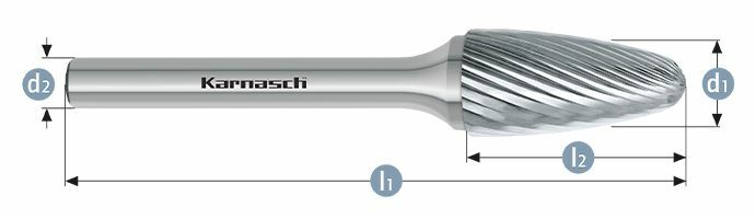 Karnasch HM freesstift ongecoat Type RBF/ HP-2 d1=6 / l2=12 / d2=3 / l1=44mm Art: 113050025