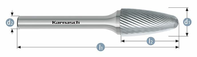 Karnasch HM freesstift ongecoat Type RBF/ HP-5 d1=8 / l2=20 / d2=6 / l1=65mm Art: 113053035
