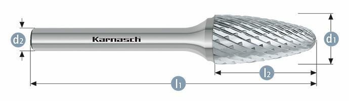 Karnasch HM freesstift ongecoat Type RBF/ HP-6 d1=8 / l2=20 / d2=6 / l1=65mm Art: 113054035
