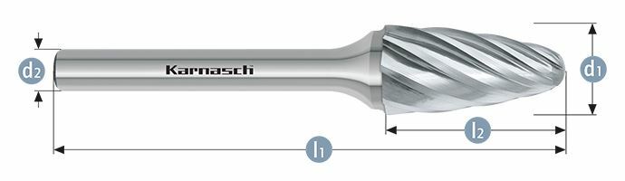 Karnasch HM freesstift ongecoat Type RBF/ HP-7 d1=10 / l2=20/ d2=6 / l1=65mm Art: 113055040