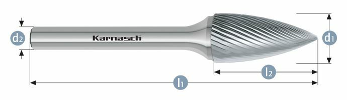 Karnasch HM freesstift ongecoat Type SPG/ HP-5 d1=6 / l2=18 / d2=6/ l1=50mm Art: 113063035