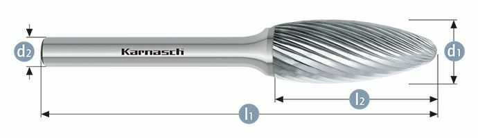 Karnasch HM freesstift ongecoat Type vlam/ HP-2 d1=8 / l2=20/ d2=6 / l1=65mm Art: 113070015