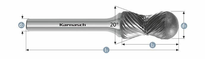 Karnasch HM freesstift ongecoat Type d1= 12,0 / l2= 25 / d2= 6 / l1= 70mm Combi+Curve Art: 114021100