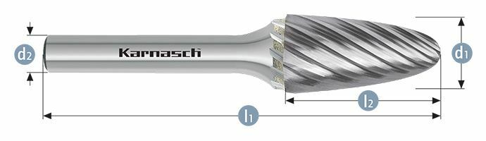 Karnasch HM freesstift ongecoat Type RBF/ HP-9 d1= 6 / l2= 18 / d2= 6 / l1= 50mm Art: 114036010