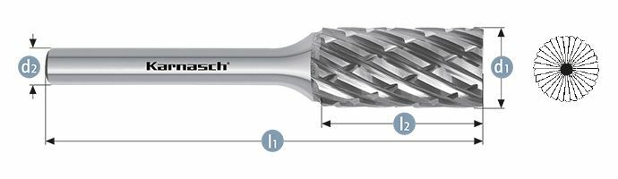 Karnasch HM freesstift ongecoat Type ZYB/ HP-8 d1= 12 / l2= 25 / d2= 6 / l1= 70mm Art: 114042025
