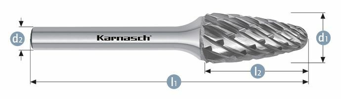 Karnasch HM freesstift ongecoat Type RBF/ HP-8 d1= 12 / l2= 25 / d2= 6 / l1= 70mm Art: 114046025