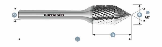 Karnasch HM freesstift ongecoat Type KSJ/ZYA d1= 12,0 / l2= 25 / d2= 6 / l1= 70mm Combi+vorm Art: 114059100