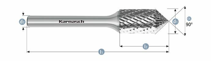 Karnasch HM freesstift ongecoat Type KSK/ZYA d1= 12,0 / l2= 25 / d2= 6 / l1= 70mm Combi+vorm Art: 114060100