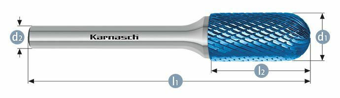 Karnasch HM freesstift Blue-Tec gecoat WRC/ HP-4 d1=12 / l2=20 / d2=6 / l1=65mm Art: 115022100