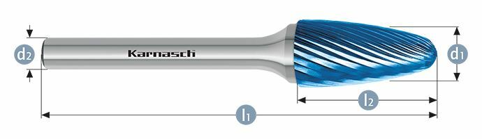 Karnasch HM freesstift Blue-Tec gecoat RBF/ HP-2 d1=12 / l2=25 / d2=6 / l1=70mm Art: 115050050