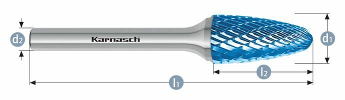 Karnasch HM freesstift Blue-Tec gecoat RBF/ HP-3 d1= 16,0 / l2= 25 / d2= 8 / l1= 70mm Art: 115051070 BESTSELLER