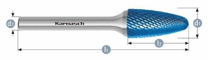 Karnasch HM freesstift Blue-Tec gecoat RBF/ HP-4 d1=10 / l2=20 / d2=6 / l1=65mm Art: 115052040