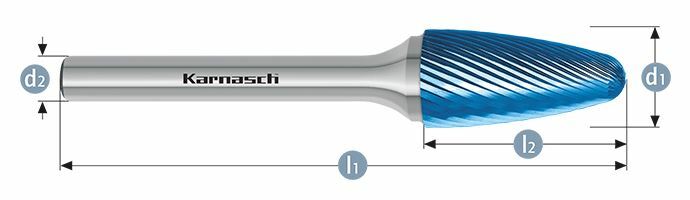 Karnasch HM freesstift Blue-Tec gecoat RBF/ HP-5 d1=10 / l2=20 / d2=6 / l1=170mm Art: 115053045