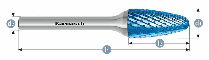 Karnasch HM freesstift Blue-Tec gecoat RBF/ HP-6 d1=8 / l2=20 / d2=6 / l1=65mm Art: 115054035