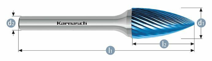Karnasch HM freesstift Blue-Tec gecoat SPG/ HP-2 d1=10 / l2=20 / d2=6/ l1=65mm Art: 115060045