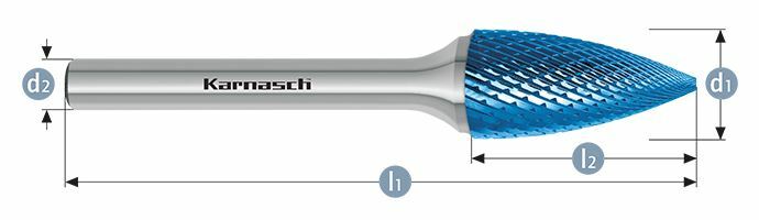 Karnasch HM freesstift Blue-Tec gecoat SPG/ HP-4 d1=12 / l2=20 / d2=6 / l1=65mm Art: 115062055
