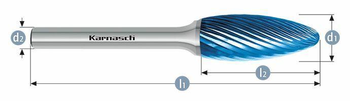 Karnasch HM freesstift Blue-Tec gecoat vlam/ HP-2 d1=12 / l2=32 / d2=6/ l1=77mm Art: 115070025